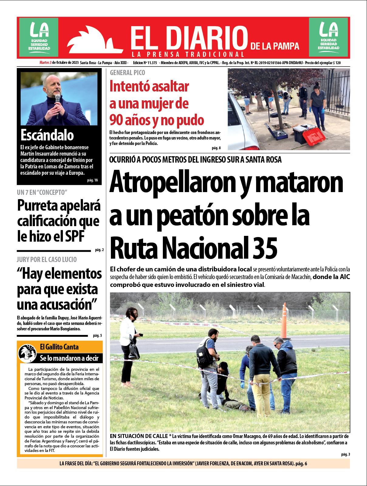 Tapa de El Diario en papel  martes 03 de octubre de 2023